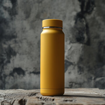 yellow stainless steel tumbler bottle mockup on wooden table isolated on dull gray cement wall background, Ai generated images