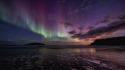 A stunning twilight sky with waves of pastel aurora in soft peach, turquoise, and mauve dancing across the horizon. Light clouds float beneath, reflecting the shimmering colors.