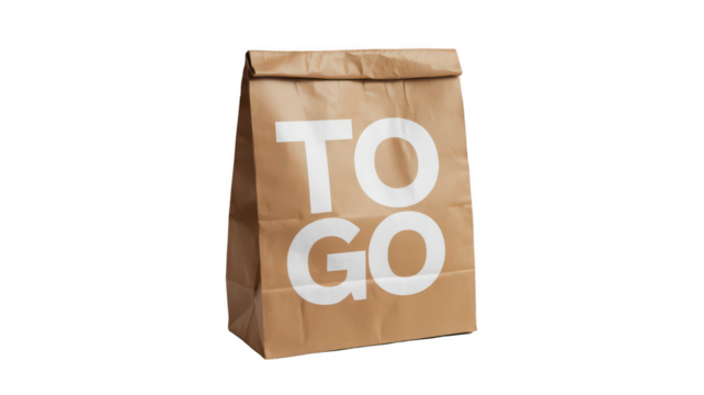 brown paper bag with words TO GO prominently displayed, perfect for takeout or delivery. This eco friendly option is ideal for restaurants and cafes