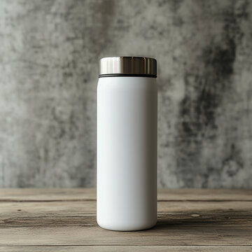 white stainless steel tumbler bottle mockup on wooden table isolated on dull gray cement wall background, Ai generated images