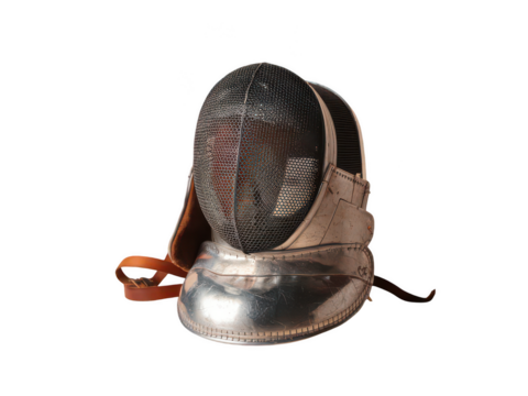 fencing mask with metallic finish and mesh design, resting on solid white background, showcases sport protective gear. mask structure emphasizes safety and functionality in fencing