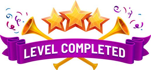 Level complete game asset icon, level up badge with golden stars, confetti, purple banner and fanfare trumpets. Gui popup screen, mobile app or game menu interface element celebrates victory success
