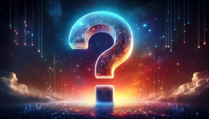 A vibrant, digital representation of a glowing question mark set against a cosmic backdrop, symbolizing curiosity and the quest for knowledge.