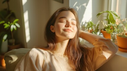 Fototapeta premium Young Woman Relaxing in Sunlight with Indoor Plants