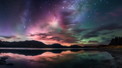 Naklejka premium A stunning twilight sky with waves of pastel aurora in soft peach, turquoise, and mauve dancing across the horizon. Light clouds float beneath, reflecting the shimmering colors.