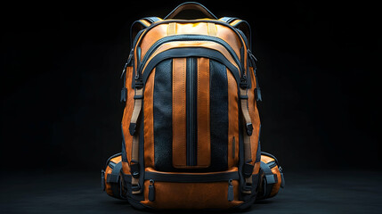 Fototapeta premium Orange and black backpack on dark studio background.