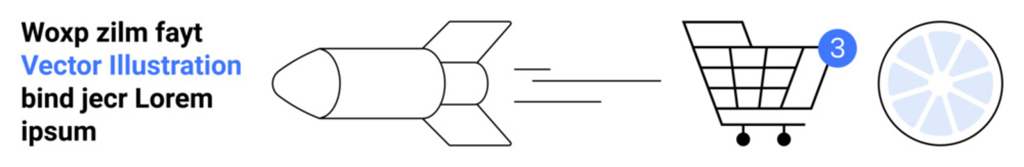 Rocket moving fast towards a shopping cart with a notification 3, accompanied by a citrus slice. Ideal for e-commerce, delivery service, startup speed, notifications, innovation, fast shipping