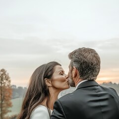 Fototapeta premium Romantic Couple Kissing at Sunset Outdoor Love Anniversary