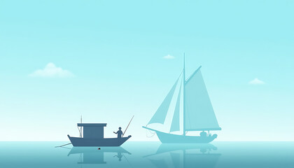 Fototapeta premium Fishing man with calm mood on a boat in a serene ocean landscape 