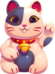 Cartoon lucky Japanese Maneki Neko cat. Isolated vector souvenir or talisman with raised paw and friendly expression wearing bell collar. Symbol of luck, prosperity and wealth in Eastern Japan culture