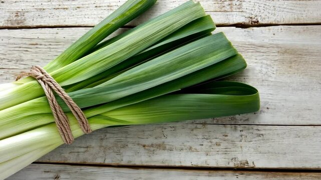 Freshly harvested leeks tied with twine resting on rustic wooden table