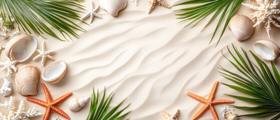 copy space of beach sand with starfish and clams