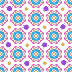 Mandala Floral Pattern. Seamless vector pattern featuring vibrant mandala-inspired floral designs in blue, orange, and pink tones. The geometric flower motifs are combined with playful purple and gold