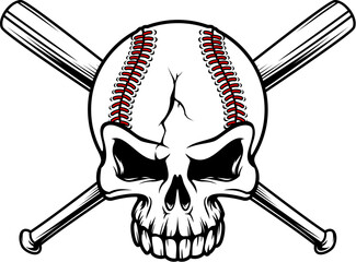 Baseball skull with crossed bats for sport club or team league badge, vector emblem. Skeleton skull as baseball ball with cracks and crossbones of bats for varsity team or college league club mascot