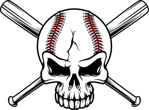 Baseball skull with crossed bats for sport club or team league badge, vector emblem. Skeleton skull as baseball ball with cracks and crossbones of bats for varsity team or college league club mascot