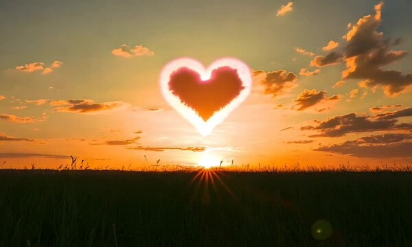Heart-shaped cloud formation at sunset over a tranquil field of tall grass