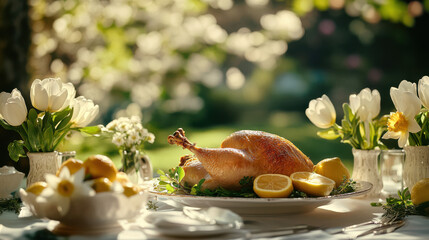 A table adorned with fresh spring greens, a roasted chicken garnished with herbs and lemon slices, surrounded by white tulips and daffodils in small vases. The setting has an open-air garden vibe