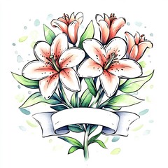 Vibrant Watercolor Illustration: Delicate Lilies Flourishing on White Background. AI Generated