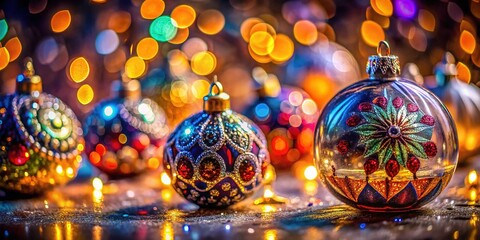 Long Exposure Photography of Sparkling Glass Ornaments, Selective Focus, Festive Decoration