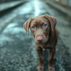 Adorable Chocolate Labrador Puppy  Sad Eyes  Close Up