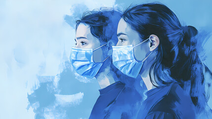 Healthcare workers utilize blue masks to promote safety and hygiene during global pandemic response. Snowwoven. Illustration