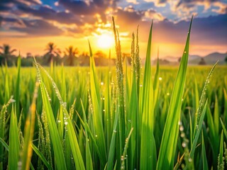 Lush Green Rice Paddy Field Dew Drops Sunrise Stock Photo