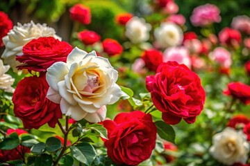 Obraz premium Lush White and Red Rose Bushes in Vibrant Flowerbed - Stunning Summer Bloom Stock Photo