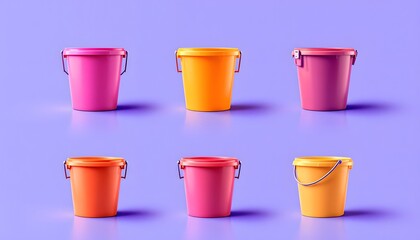 Colorful Buckets Arrangement Against a Vibrant Purple Background for Creative Inspiration