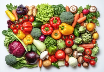 Fresh Colorful Vegetables Arrangement on White Background, Including Broccoli, Red Peppers, Carrots, Spinach, Tomatoes, and More for Organic Healthy Cuisine and Recipes