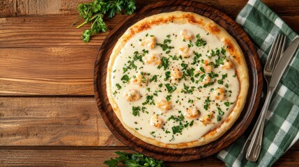 A delicious white pizza topped with cheese and parsley, served on a wooden platter, complementing a rustic wooden table setting.