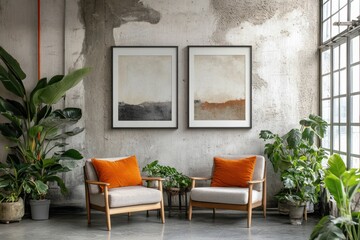 Orange pillows, chairs, art, plants, loft interior, sunlight