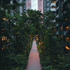 Naklejka premium Serene Twilight Cityscape Lush Greenery Modern Buildings Walkway