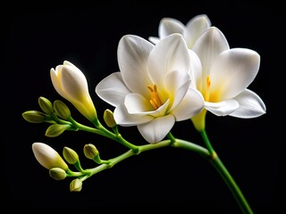 Naklejka premium Macro Photography: White Freesia Flower on Black Background - Elegant Floral Stock Image
