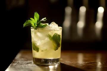 Refreshing mojito cocktail with lime, mint, ice transparent background.