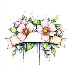 Delicate Hand-Drawn Floral Illustration: Charming Pink Blossom Banner Design. AI Generated