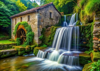 Fototapeta premium Macro Water Mill Waterfall, Taramundi, Asturias, Spain: Ancient Grain Grinding