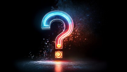 A glowing question mark illuminated against a dark background, symbolizing inquiry and curiosity, with colorful light effects and particles.