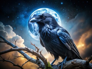 Majestic Black Raven Hunting at Night - Dark Bird Predator Stock Photo