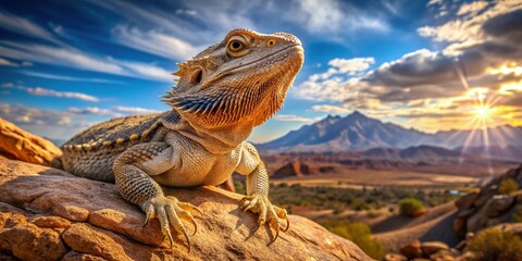Fototapeta premium Majestic Bearded Dragon Basking on Desert Rock â€“ Stock Photo