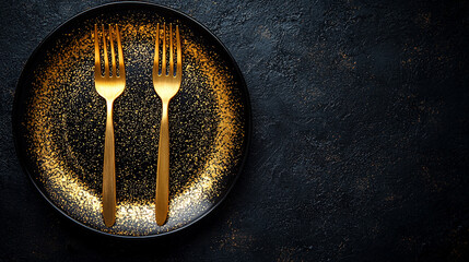Elegant black plate with gold forks on dark background.