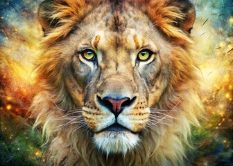 Fototapeta premium Majestic Lion Portrait: Hyperrealistic Double Exposure Close-up of Eyes and Fur