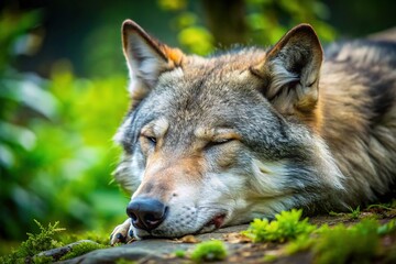 Fototapeta premium Majestic Sleeping Gray Wolf Close-Up: Long Exposure Wildlife Photography