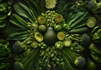 Fototapeta premium Fresh Green Vegetables Composition on Dark Background: Avocado, Broccoli, Cucumbers, Limes, Lettuce, and More for Healthy Eating and Vegetarian Concepts