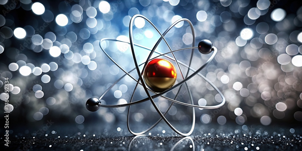 Wall mural minimalist atom: electrons orbiting nucleus - stock photo
