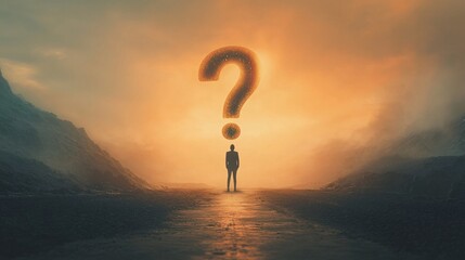 Conceptual image of a man standing on the road and looking at a question mark.