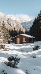 Naklejka premium Snowy Mountain Cabin Winter Wonderland Secluded Log House in Snow