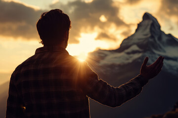 Silhouette of a man open hand sign at sunset . What is freedom concept.