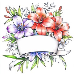 Vibrant Hand-Drawn Floral Illustration: Detailed Lilies with Blank Banner Mockup. AI Generated