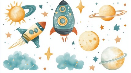 Space-Themed Watercolor Illustration with Rockets and Planets