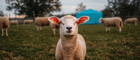 Naklejka premium Fluffy Sheep in Green Pasture Farm Animals Livestock Rural Scene